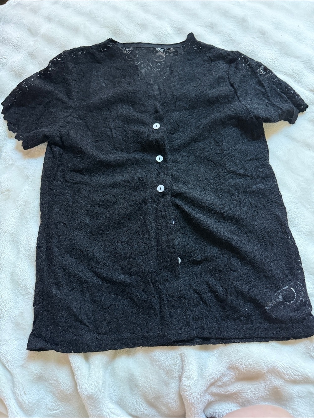 NEW Black Lace Short-Sleeve Button Front Top